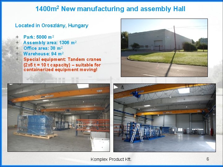 1400 m 2 New manufacturing and assembly Hall Located in Oroszlány, Hungary ª ª