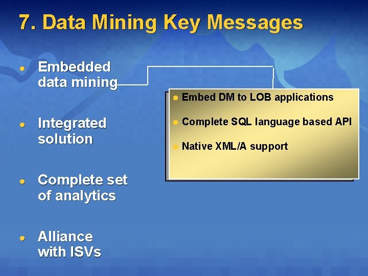 7. Data Mining Key Messages ● ● Embedded data mining Integrated solution ● Complete 7. Data Mining Key Messages ● ● Embedded data mining Integrated solution ● Complete