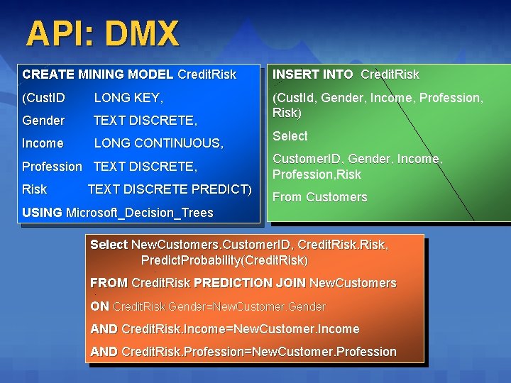 API: DMX CREATE MINING MODEL Credit. Risk INSERT INTO Credit. Risk (Cust. ID LONG