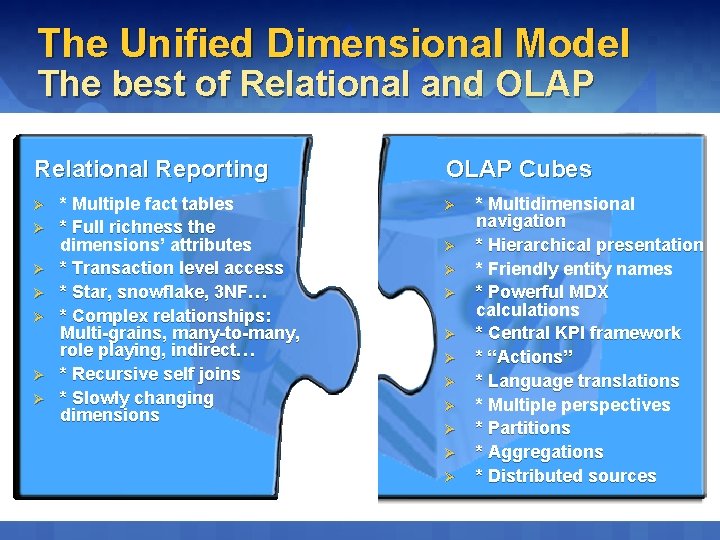 The Unified Dimensional Model The best of Relational and OLAP Relational Reporting Ø Ø