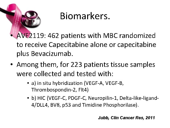 Biomarkers. • AVF 2119: 462 patients with MBC randomized to receive Capecitabine alone or