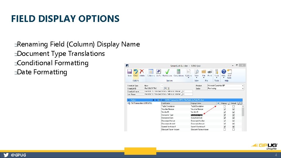 FIELD DISPLAY OPTIONS Renaming Field (Column) Display Name �Document Type Translations �Conditional Formatting �Date