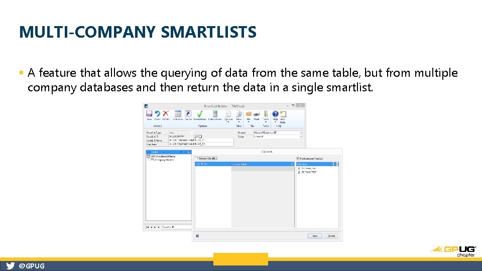 MULTI-COMPANY SMARTLISTS § A feature that allows the querying of data from the same