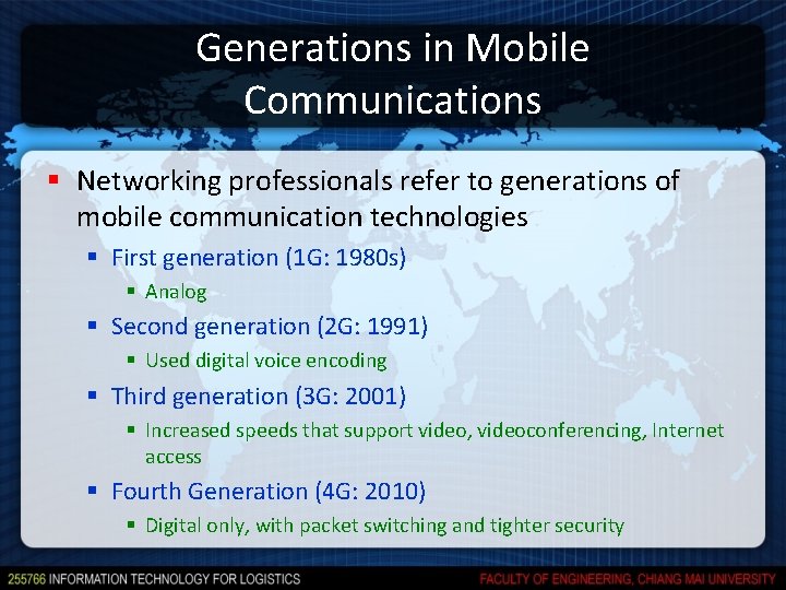 Generations in Mobile Communications § Networking professionals refer to generations of mobile communication technologies Generations in Mobile Communications § Networking professionals refer to generations of mobile communication technologies
