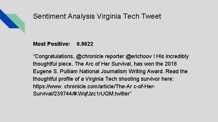 Sentiment Analysis Virginia Tech Tweet Most Positive: 0. 9622 “Congratulations, @chronicle reporter @erichoov !