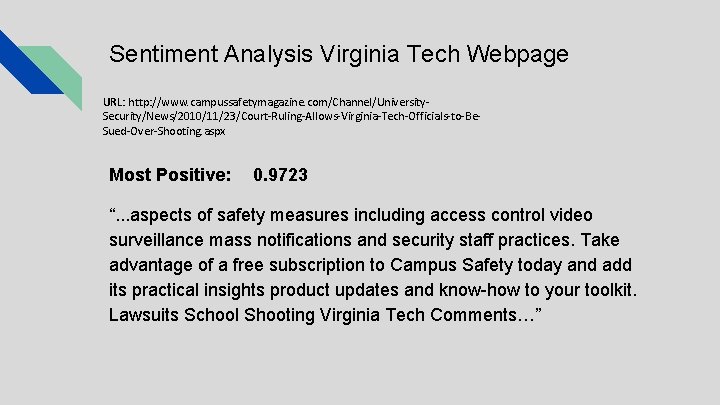 Sentiment Analysis Virginia Tech Webpage URL: http: //www. campussafetymagazine. com/Channel/University. Security/News/2010/11/23/Court-Ruling-Allows-Virginia-Tech-Officials-to-Be. Sued-Over-Shooting. aspx Most