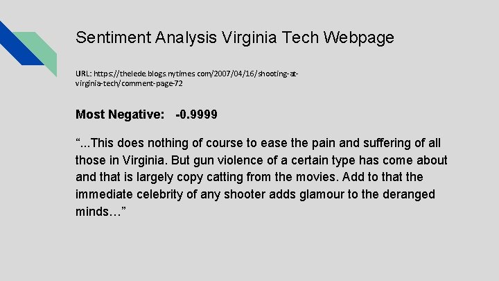 Sentiment Analysis Virginia Tech Webpage URL: https: //thelede. blogs. nytimes. com/2007/04/16/shooting-atvirginia-tech/comment-page-72 Most Negative: -0.