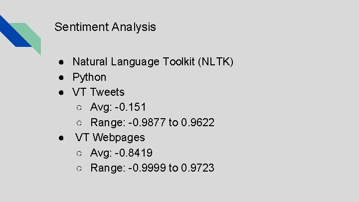 Sentiment Analysis ● Natural Language Toolkit (NLTK) ● Python ● VT Tweets ○ Avg: