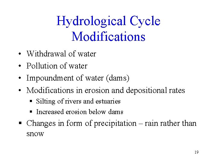 Hydrological Cycle Modifications • • Withdrawal of water Pollution of water Impoundment of water