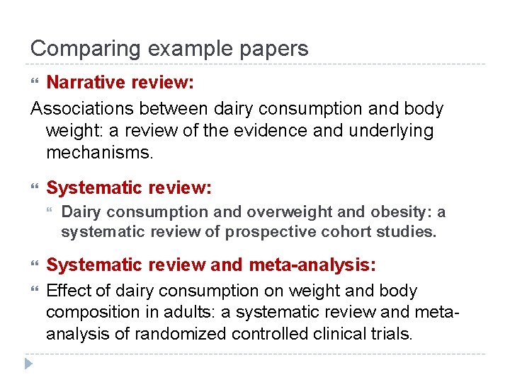 Comparing example papers Narrative review: Associations between dairy consumption and body weight: a review Comparing example papers Narrative review: Associations between dairy consumption and body weight: a review