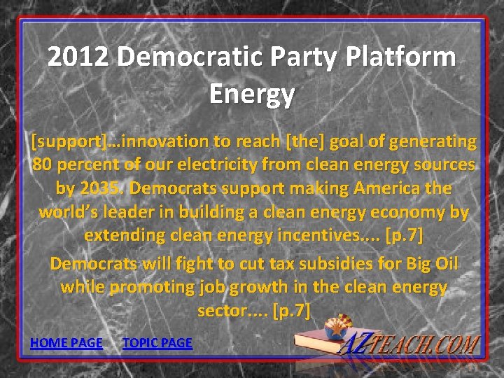 2012 Democratic Party Platform Energy [support]…innovation to reach [the] goal of generating 80 percent