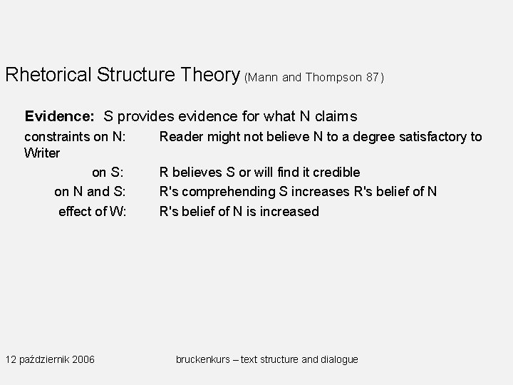 Rhetorical Structure Theory (Mann and Thompson 87) Evidence: S provides evidence for what N