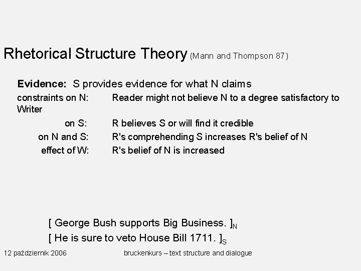 Rhetorical Structure Theory (Mann and Thompson 87) Evidence: S provides evidence for what N