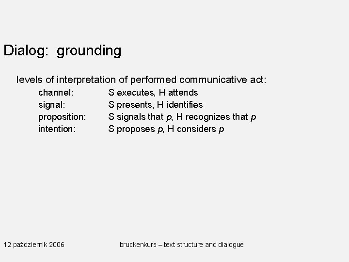 Dialog: grounding levels of interpretation of performed communicative act: channel: signal: proposition: intention: 12