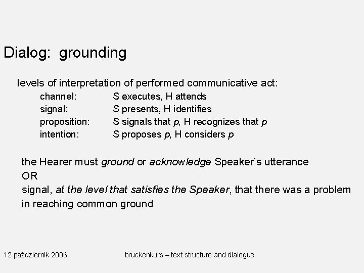 Dialog: grounding levels of interpretation of performed communicative act: channel: signal: proposition: intention: S