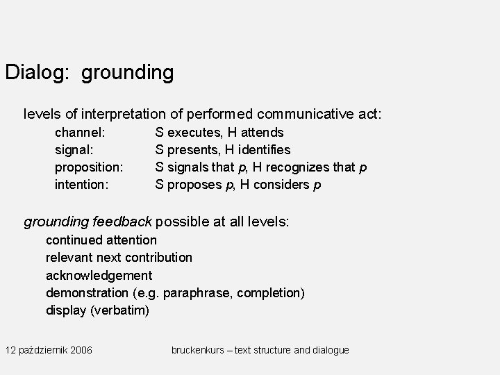 Dialog: grounding levels of interpretation of performed communicative act: channel: signal: proposition: intention: S