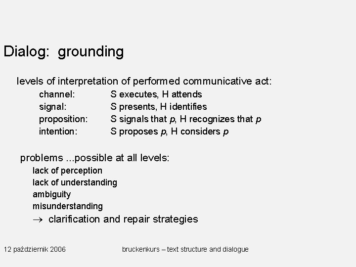 Dialog: grounding levels of interpretation of performed communicative act: channel: signal: proposition: intention: S