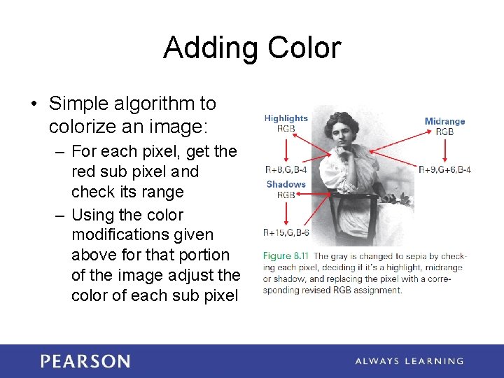 Adding Color • Simple algorithm to colorize an image: – For each pixel, get