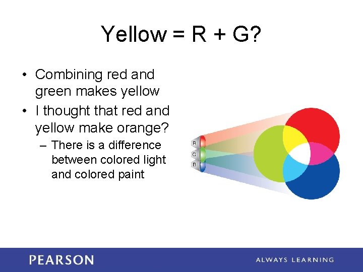 Yellow = R + G? • Combining red and green makes yellow • I