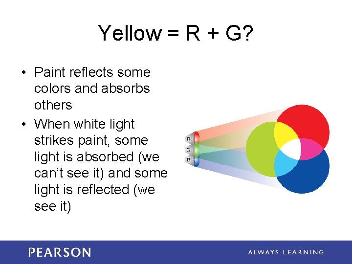 Yellow = R + G? • Paint reflects some colors and absorbs others •