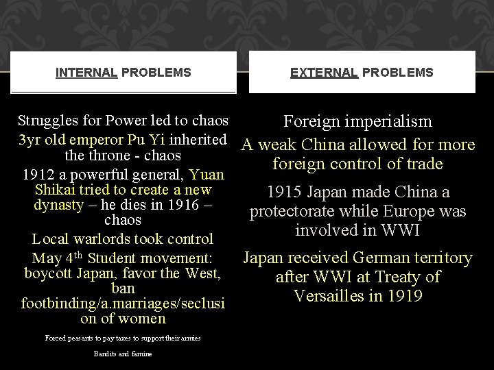 INTERNAL PROBLEMS EXTERNAL PROBLEMS Struggles for Power led to chaos Foreign imperialism 3 yr