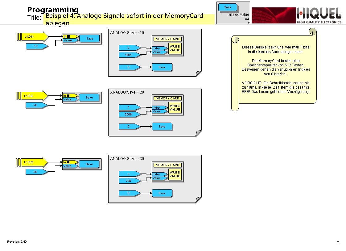 Programming Seite Title: Beispiel 4: Analoge Signale sofort in der Memory. Card ablegen analog