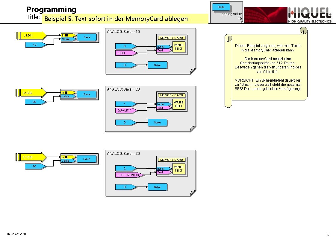 Programming Seite Title: Beispiel 5: Text sofort in der Memory. Card ablegen analog value