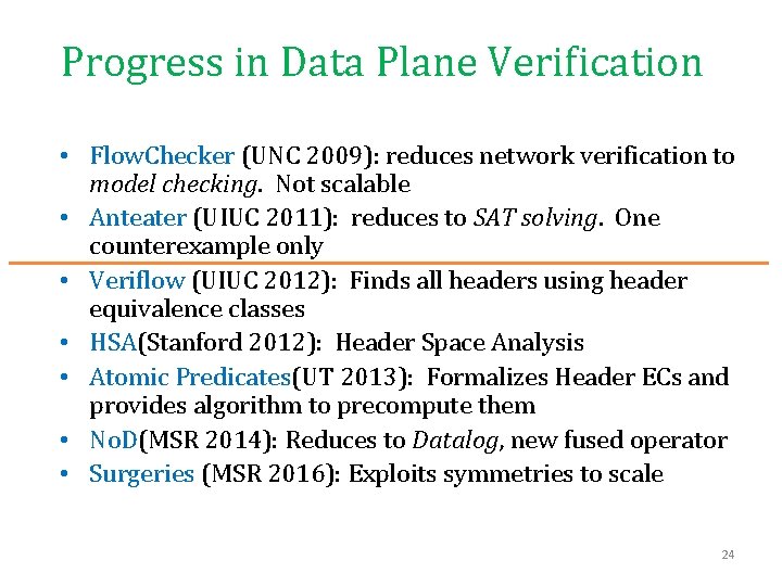 Progress in Data Plane Verification • Flow. Checker (UNC 2009): reduces network verification to