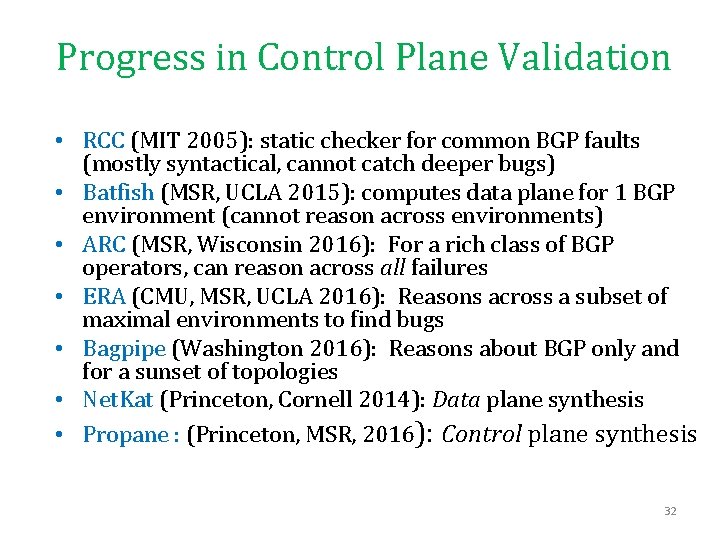 Progress in Control Plane Validation • RCC (MIT 2005): static checker for common BGP