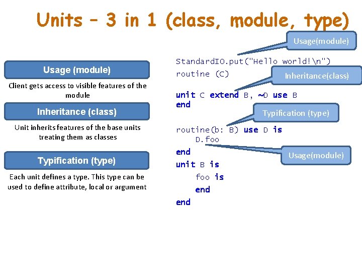 Units – 3 in 1 (class, module, type) Usage(module) Usage (module) Client gets access