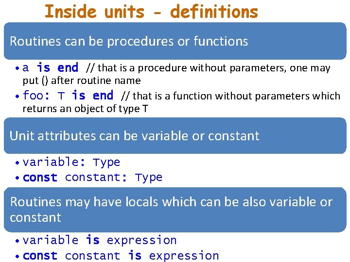 Inside units - definitions Routines can be procedures or functions • a is end