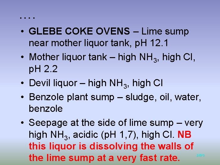 …. • GLEBE COKE OVENS – Lime sump near mother liquor tank, p. H