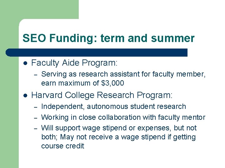 SEO Funding: term and summer l Faculty Aide Program: – l Serving as research
