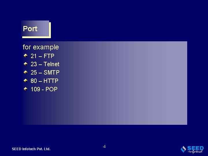 Port for example 21 – FTP 23 – Telnet 25 – SMTP 80 –