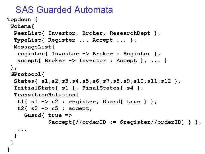 SAS Guarded Automata Topdown { Schema{ Peer. List{ Investor, Broker, Research. Dept }, Type.