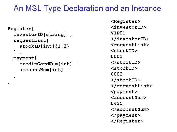 An MSL Type Declaration and an Instance Register[ investor. ID[string] , request. List[ stock.