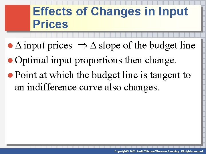 Effects of Changes in Input Prices ● input prices slope of the budget line