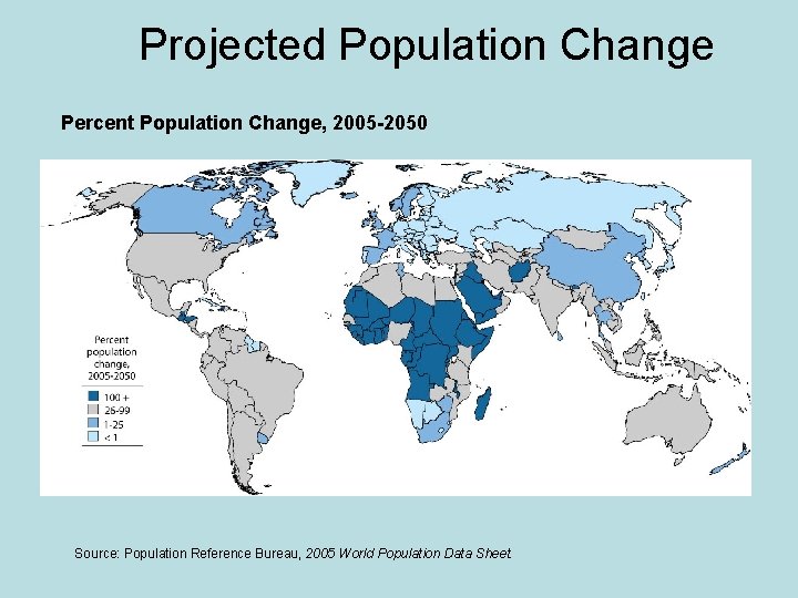 Projected Population Change Percent Population Change, 2005 -2050 Source: Population Reference Bureau, 2005 World