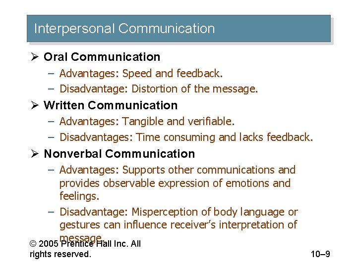 Interpersonal Communication Ø Oral Communication – Advantages: Speed and feedback. – Disadvantage: Distortion of