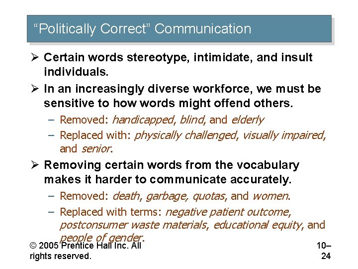 “Politically Correct” Communication Ø Certain words stereotype, intimidate, and insult individuals. Ø In an