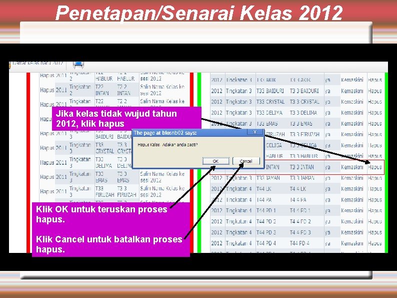 Penetapan/Senarai Kelas 2012 Jika kelas tidak wujud tahun 2012, klik hapus Klik OK untuk