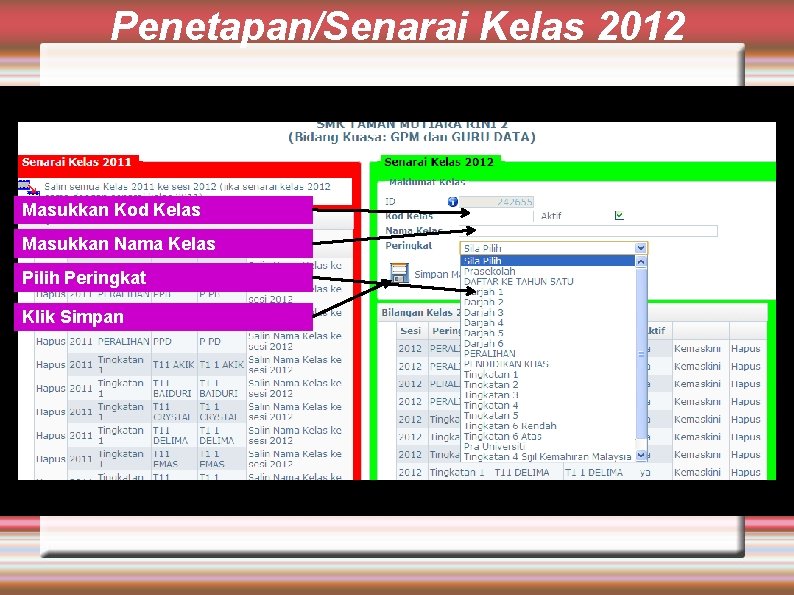 Penetapan/Senarai Kelas 2012 Masukkan Kod Kelas Masukkan Nama Kelas Pilih Peringkat Klik Simpan 