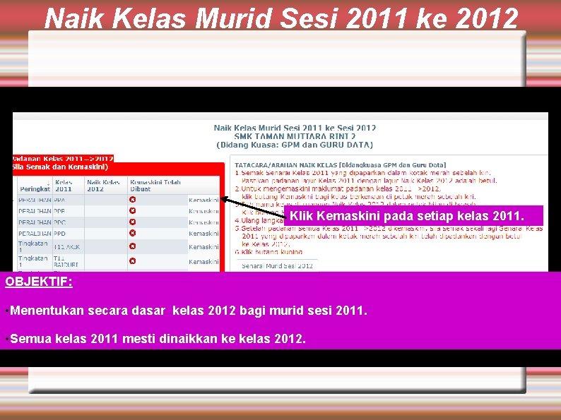Naik Kelas Murid Sesi 2011 ke 2012 Klik Kemaskini pada setiap kelas 2011. OBJEKTIF: