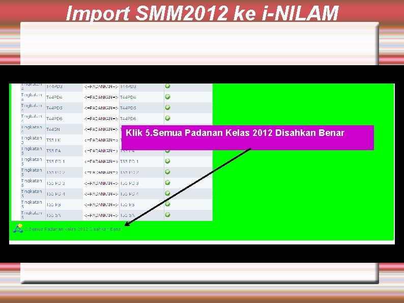 Import SMM 2012 ke i-NILAM Klik 5. Semua Padanan Kelas 2012 Disahkan Benar 