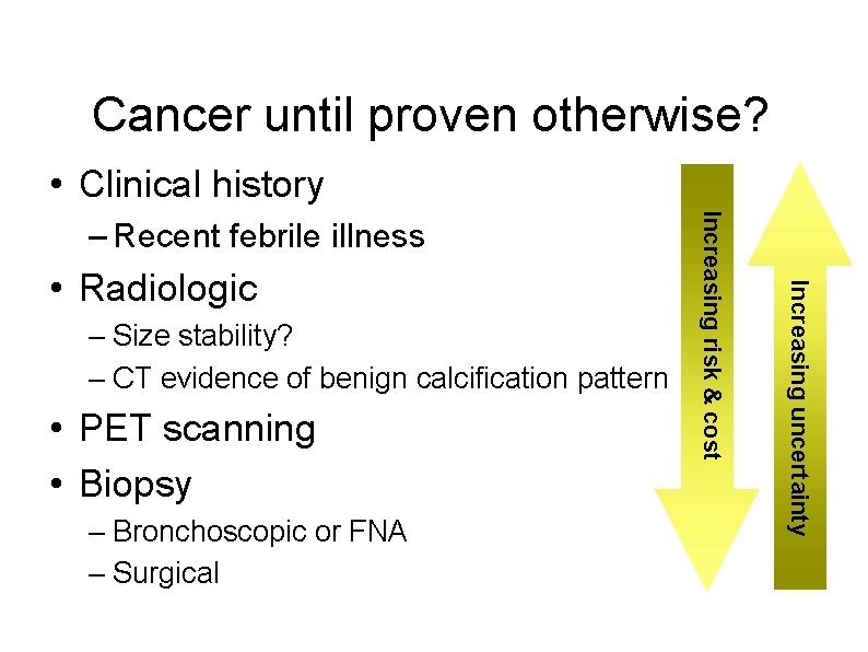 Cancer until proven otherwise? • Clinical history – Size stability? – CT evidence of