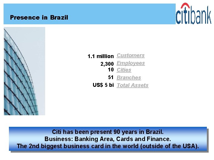 Presence in Brazil 1. 1 million 2, 300 10 51 US$ 5 bi Customers