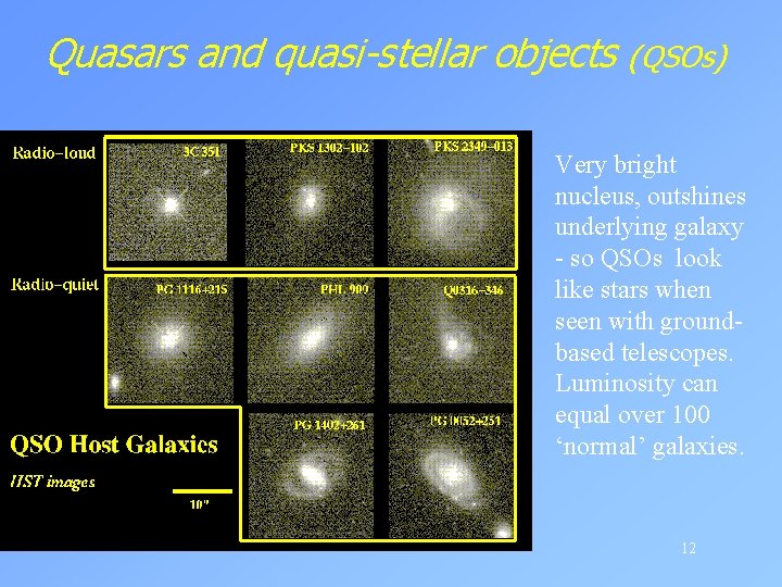 Quasars and quasi-stellar objects (QSOs) Very bright nucleus, outshines underlying galaxy - so QSOs
