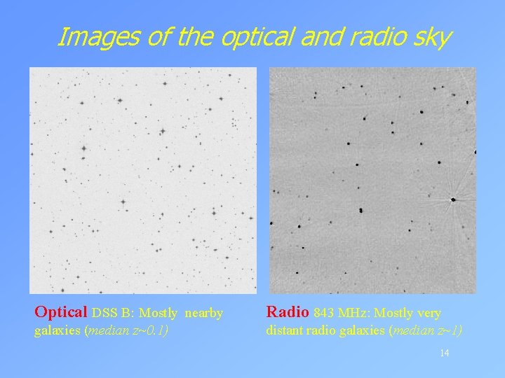 Images of the optical and radio sky Optical DSS B: Mostly nearby Radio 843