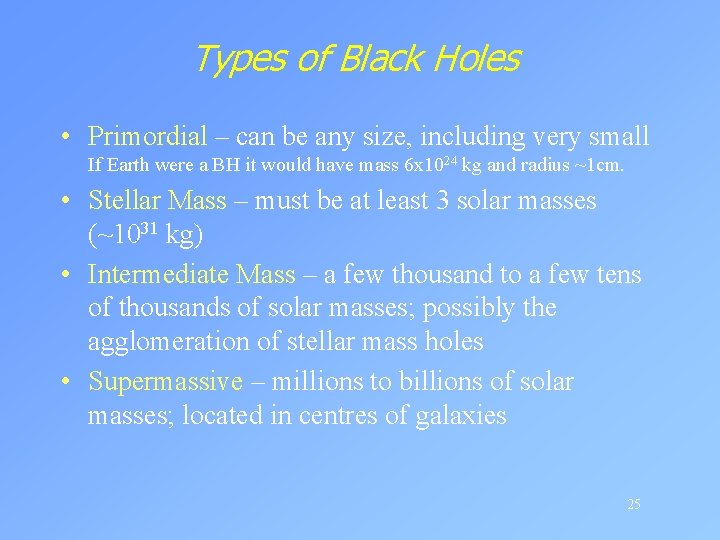 Types of Black Holes • Primordial – can be any size, including very small