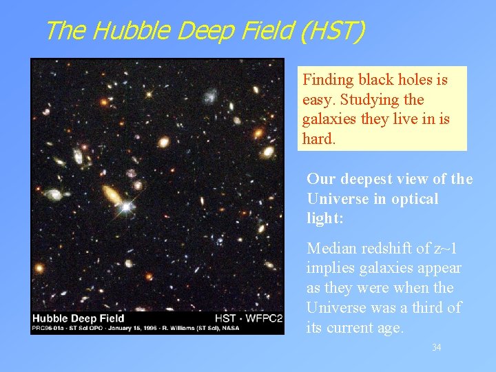 The Hubble Deep Field (HST) Finding black holes is easy. Studying the galaxies they